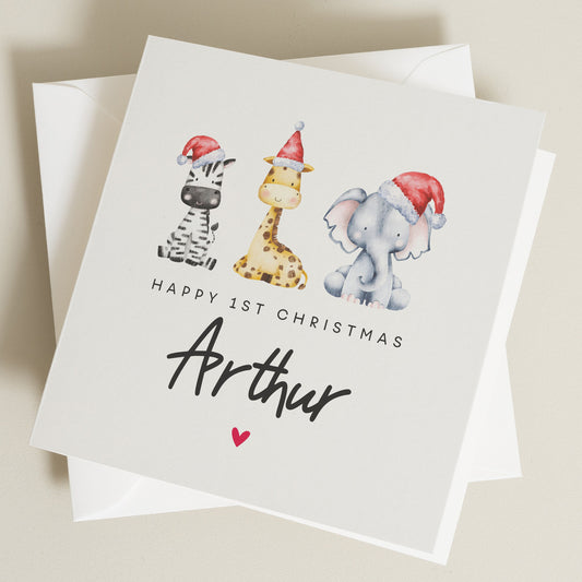 Happy 1st Christmas Card, Personalised Christmas Card For Boy And Girl, First Christmas Card Cute Safari Animal, Baby's 1st Christmas Card