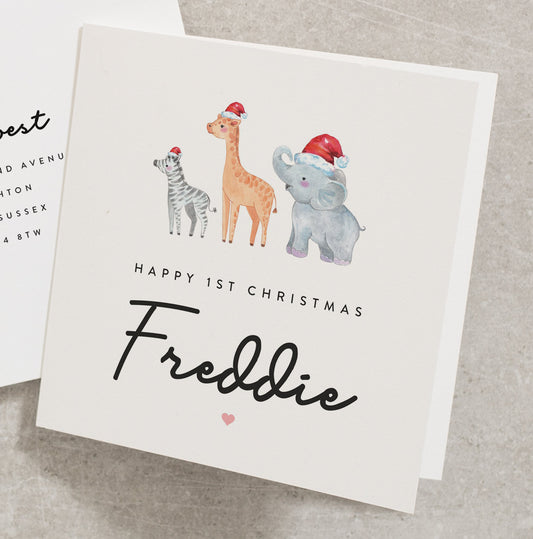Happy 1st Christmas Card, Personalised Christmas Card For Boy, First Christmas Card with Cute Safari Animal, Baby's 1st Christmas Card CC563
