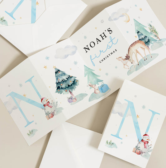 Happy 1st Christmas Card, Personalised Christmas Card For Boy, First Christmas Card with Cute Winter Animal, Baby's 1st Christmas Card