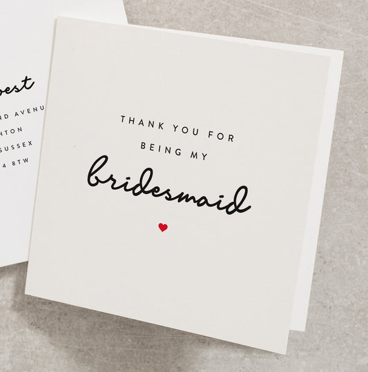 Thank You For Being My Bridesmaid, Wedding Thank You Bridesmaid Card, Bridesmaid Gift, Thank You Bridesmaid Card, With Envelope WY066