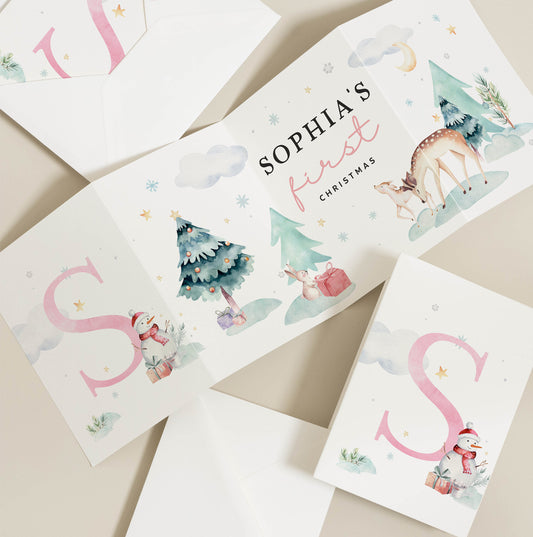 Happy 1st Christmas Card, Personalised Christmas Card For Girl, First Christmas Card with Cute Winter Animal, Baby's 1st Christmas Card