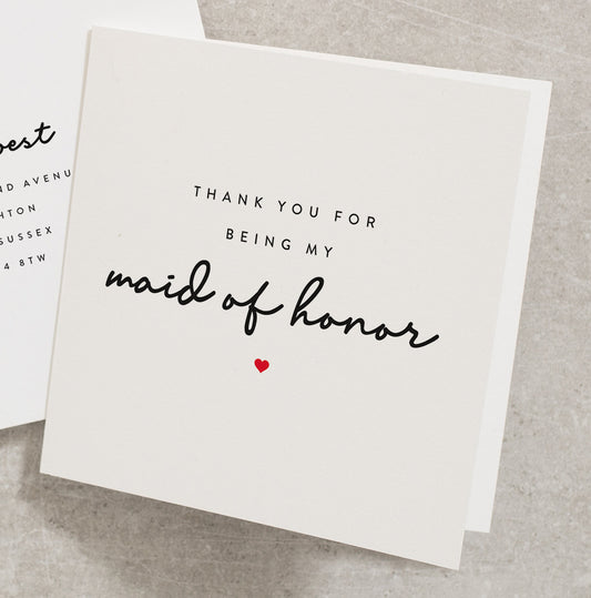 Simple Thank You For Being My Maid Of Honor, Wedding Thank You Card For Bridal Party, Maid Of Honour, Maid Of Honor, Thank You WY065