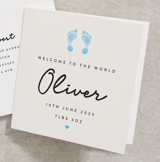 Personalised New Baby Boy Card, It's a Boy Card, Welcome To The World Card, Blue Baby Boy Footprints Card, New Born Baby Card NB023