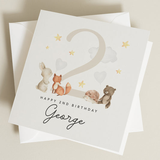 Personalised 2nd Birthday Card, Woodland Birthday Card, Children's Second Birthday Card, For Daughter, For Son, Cute First Birthday Card