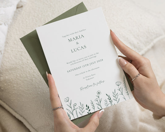 Sage Green Botanical Wedding Invitations, Minimal Wildflower Wedding Invite, Elegant Greenery Personalised Invitation Suite