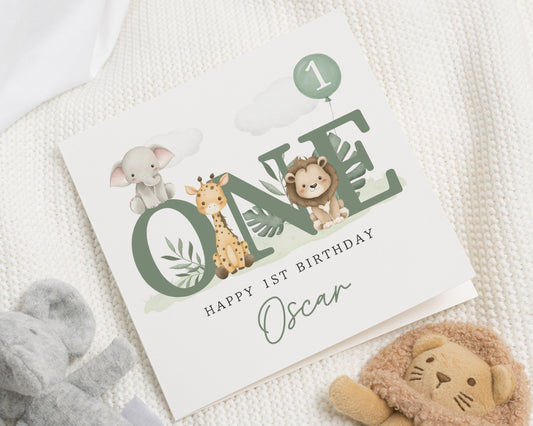 1st Birthday Card, Personalised Safari Birthday Card, Birthday Card for Boy, Birthday Card for Girl, Animal Birthday Card, First Birthday