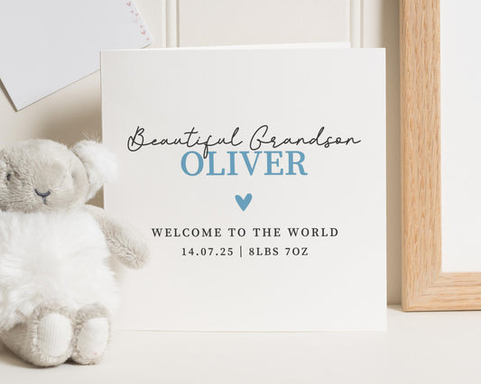 New Baby Card for Grandson, Personalised Grandson Card, Welcome to the World Card, Baby Boy Card, Grandson Birth Card