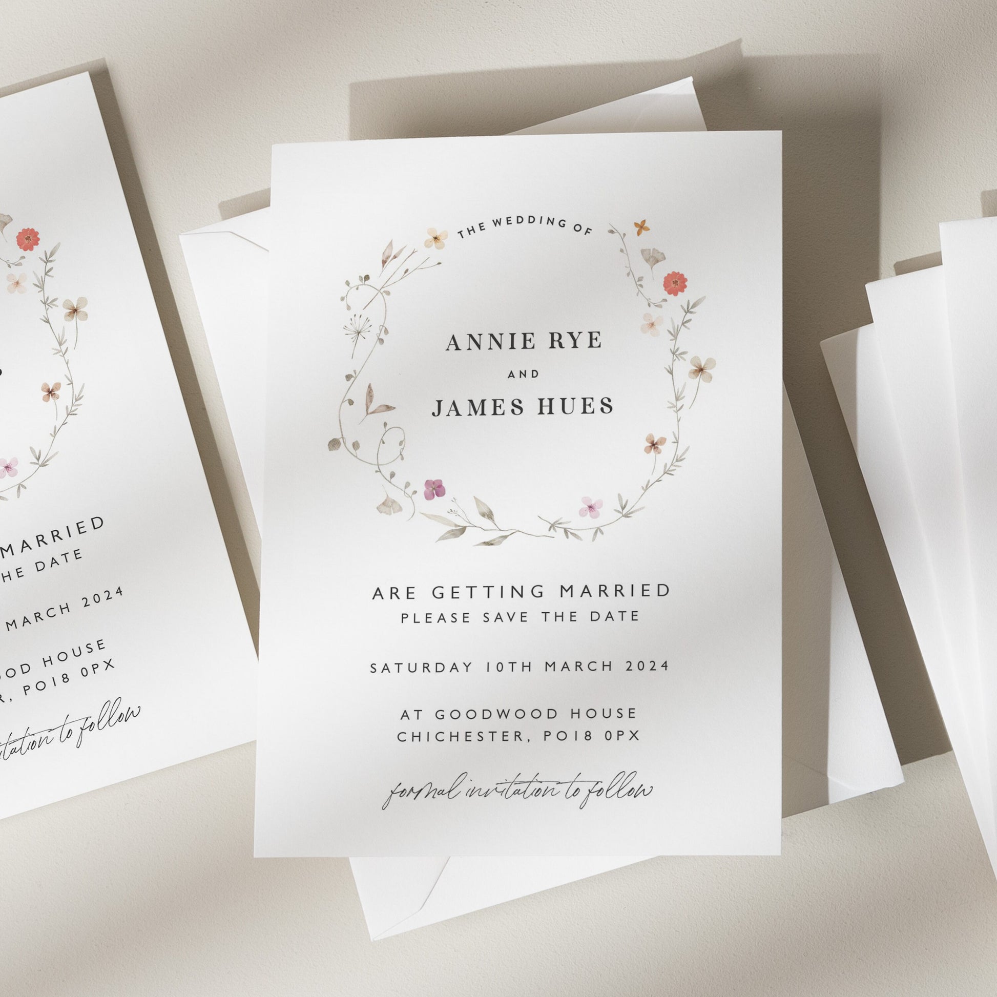 Wildflower Save The Dates, Minimalistic Save The Date Cards, Floral Wreath Wedding Save The Dates, Save The Date Cards For Wedding &#39;Annie&#39;