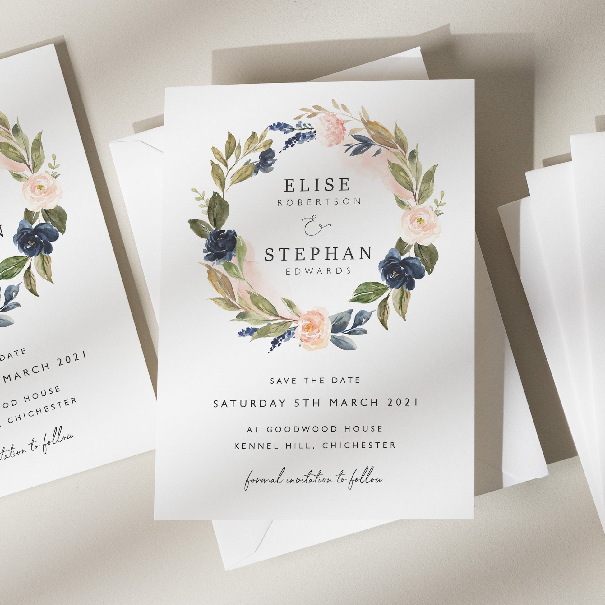 Floral Wedding Save The Date Cards, Blush And Navy Save The Dates, Pink And Navy Wedding Stationery, Minimalist Wedding Announcement &#39;Elise&#39;