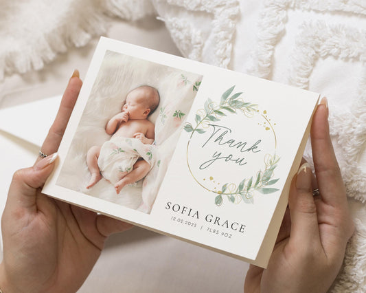 New Baby Thank You Folded Cards, Baby Thank You cards Personalised, Baby Thank You Greenery Cards, Baby Boy Thank You With Photos, Baby Girl
