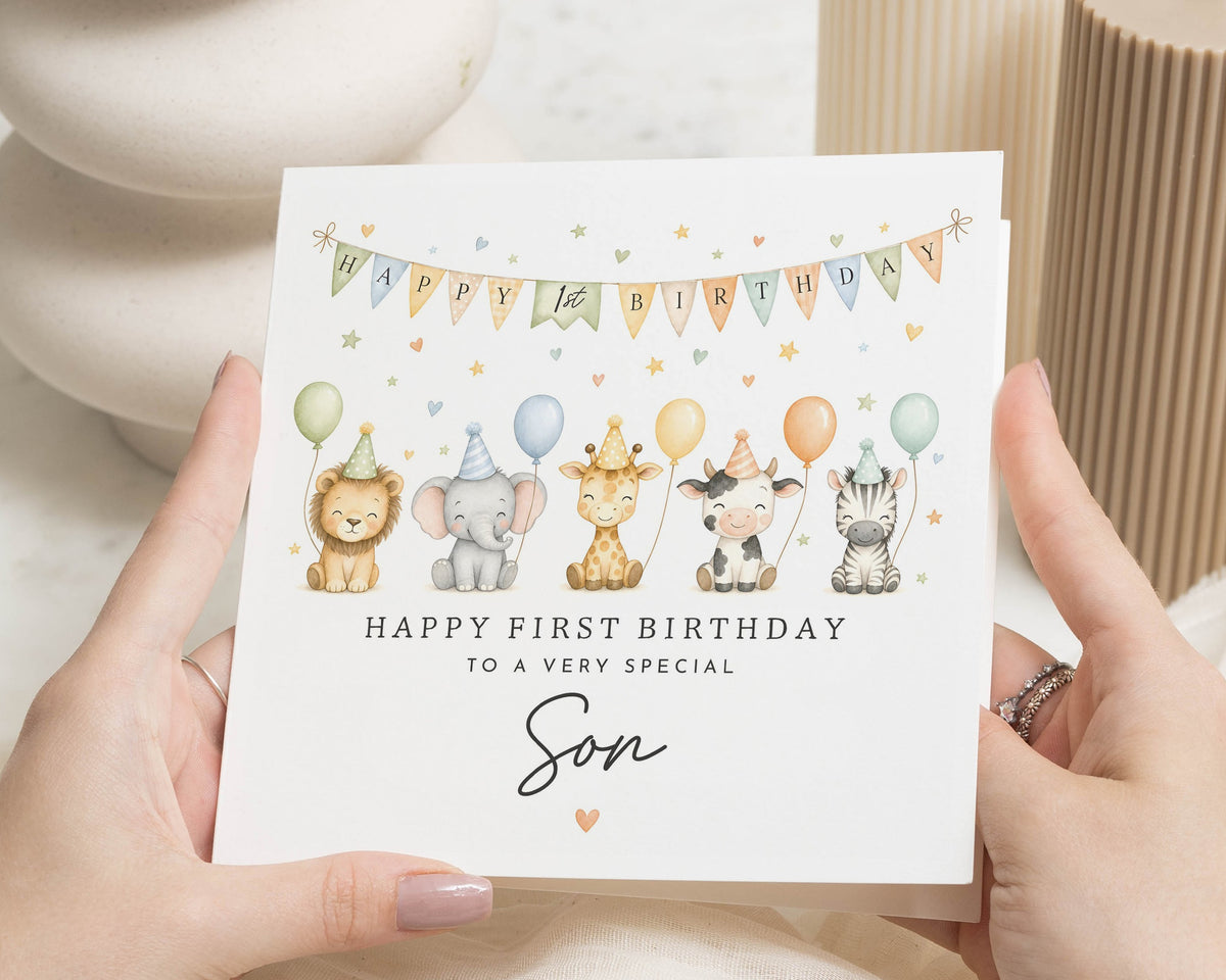 1st Birthday Card for Son, First Birthday Card, Safari Birthday Card, Jungle Animal Birthday Card, Birthday Card for Boy, Zoo Animal Card