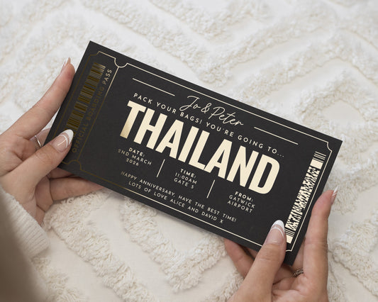 Personalised Holiday Reveal Ticket, Scratch To Reveal Gift Voucher, Thailand Trip, Anniversary Gift, Gold Foil, Custom Travel Voucher