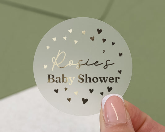 Baby Shower Sticker, Personalised Baby Shower Sticker, Gold Foil Baby Shower Label, Custom Baby Shower Decoration