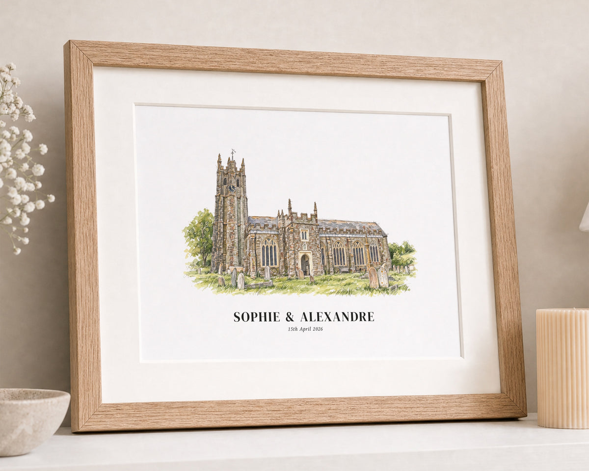 Personalised Wedding Venue Print, Custom Church Illustration Wall Art, Wedding Gift for Couple, Anniversary Gift, Oak Framed Print
