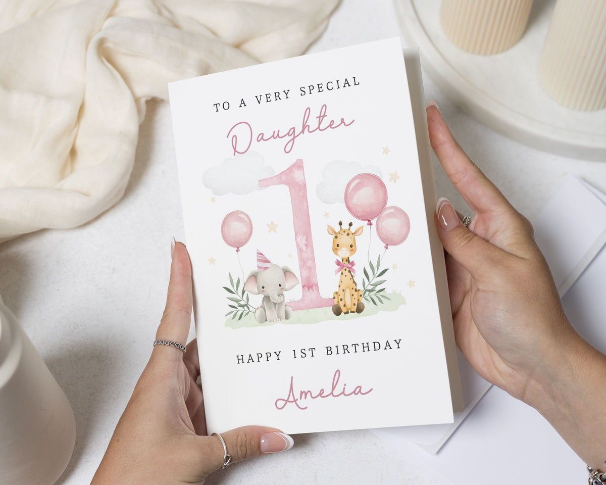 1st Birthday Card for Daughter, Personalised First Birthday Card for Girl, One Year Old Card, Safari Birthday Cards, Cute Daughter Card