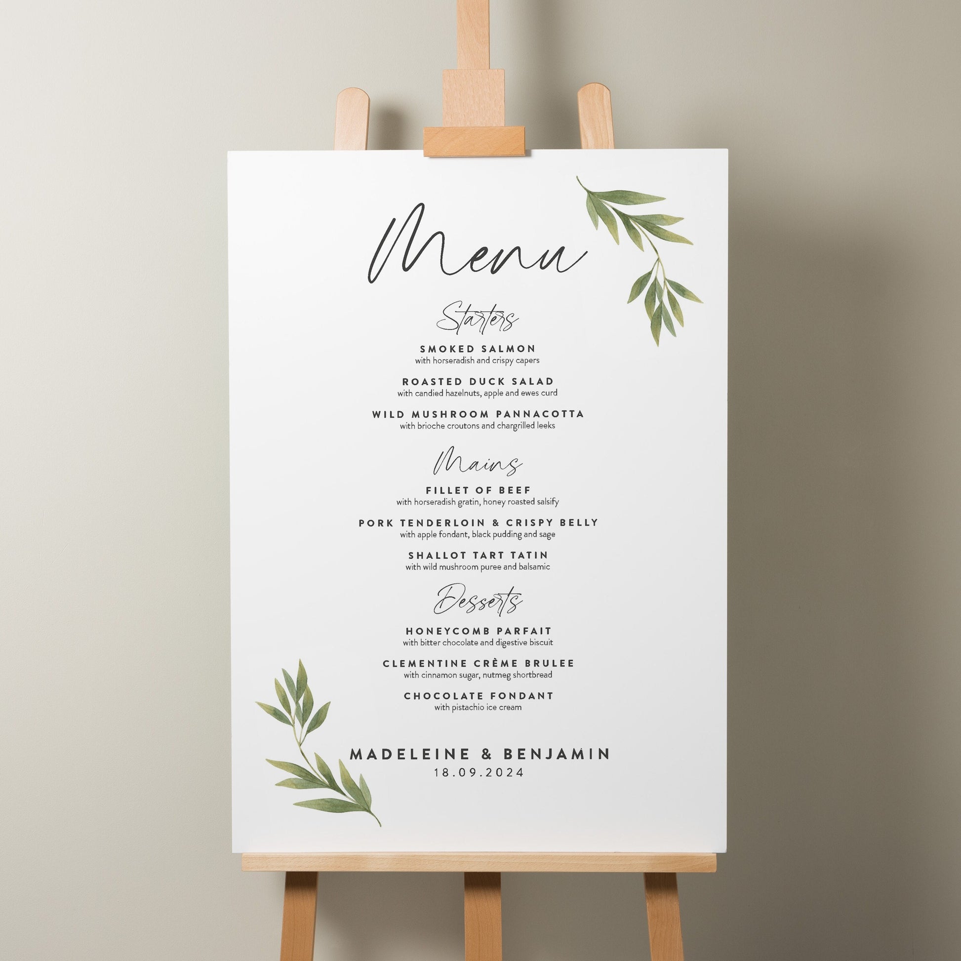 Personalised Wedding Food Menu Sign, Eucalyptus Menu Wedding Sign, Minimalist Wedding Design, Botanical Wedding Signage &#39;Madeleine&#39;