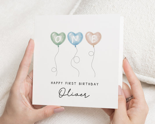 1st Birthday Card, First Birthday Card for Boy, Personalised Birthday Card, Heart Balloon Card, Cute 1st Birthday, Custom Baby Card