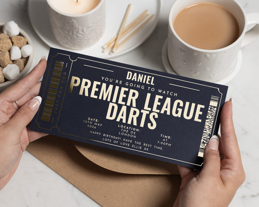 Premier League Darts Gift Voucher, Personalised Darts Ticket, Birthday Gift for Him, Scratch to Reveal, Gold Foil