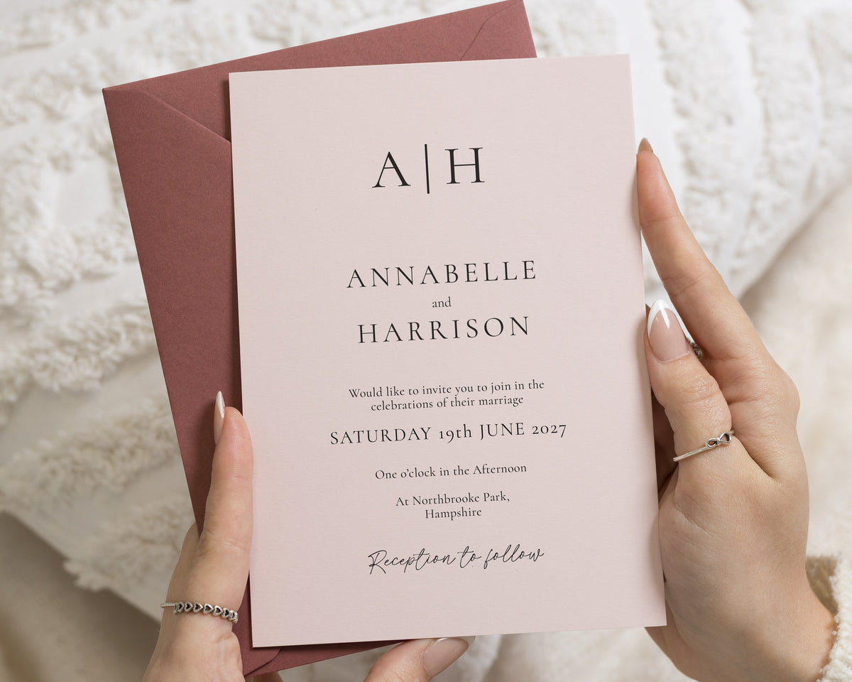 Blush Pink Wedding Invitations, Minimalist Monogram Wedding Invites with Dusty Pink Envelope, Elegant Typography, Personalised Invites