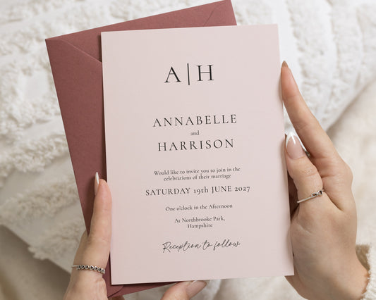 Blush Pink Wedding Invitations, Minimalist Monogram Wedding Invites with Dusty Pink Envelope, Elegant Typography, Personalised Invites