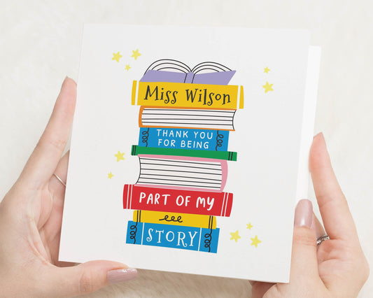 Thank You Teacher Card, Personalised Teacher Card, Thank You Card for Teacher, Miss Wilson Card, End of Term Card, Book Stack Card