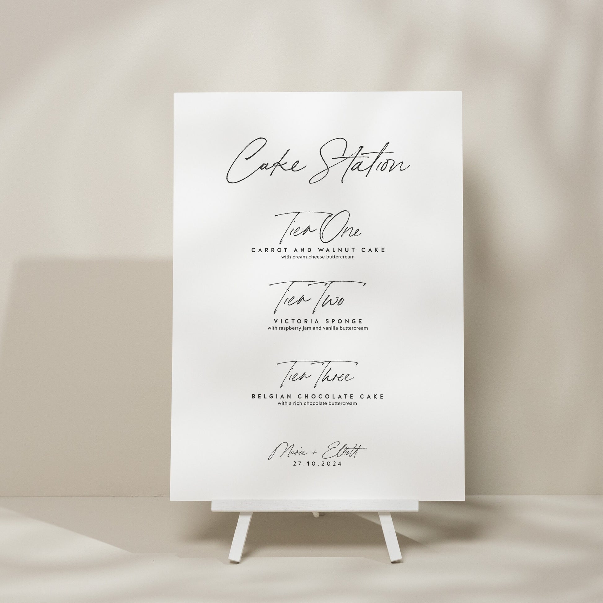 Simple Calligraphy Cake Flavour Wedding Sign, Modern Wedding Cake Sign, Minimalistic Wedding Signage, Elegant Wedding Sign &#39;Marie&#39;