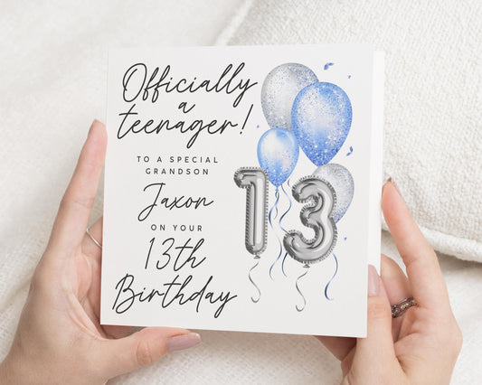 13th Birthday Card for Grandson, Officially a Teenager Card, Personalised Birthday Card for Boy, Balloon Birthday Card