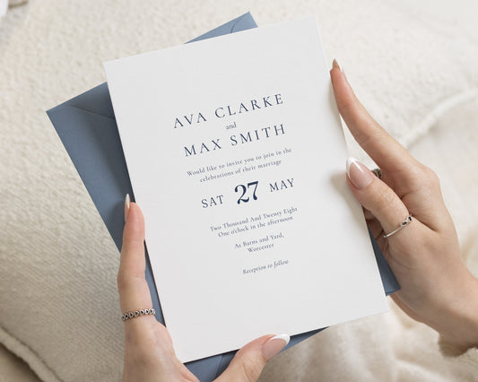 Navy Blue Minimal Wedding Invitations, Elegant Typography Wedding Invite, Simple Personalised Wedding Invitation Suite