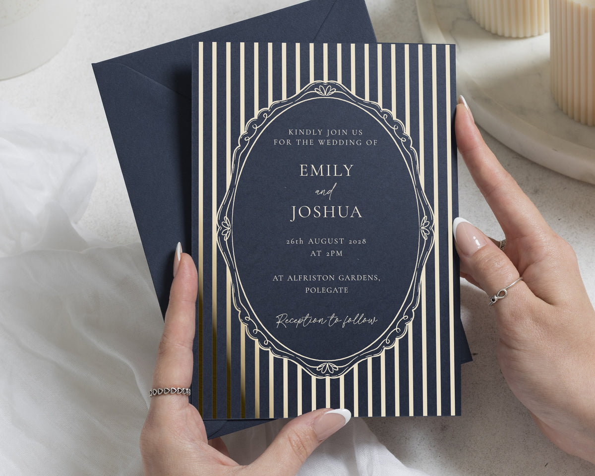 Navy Blue Gold Foil Wedding Invitations, Art Deco Wedding Invite, Elegant Formal Wedding Stationery, Personalised Wedding Invitation