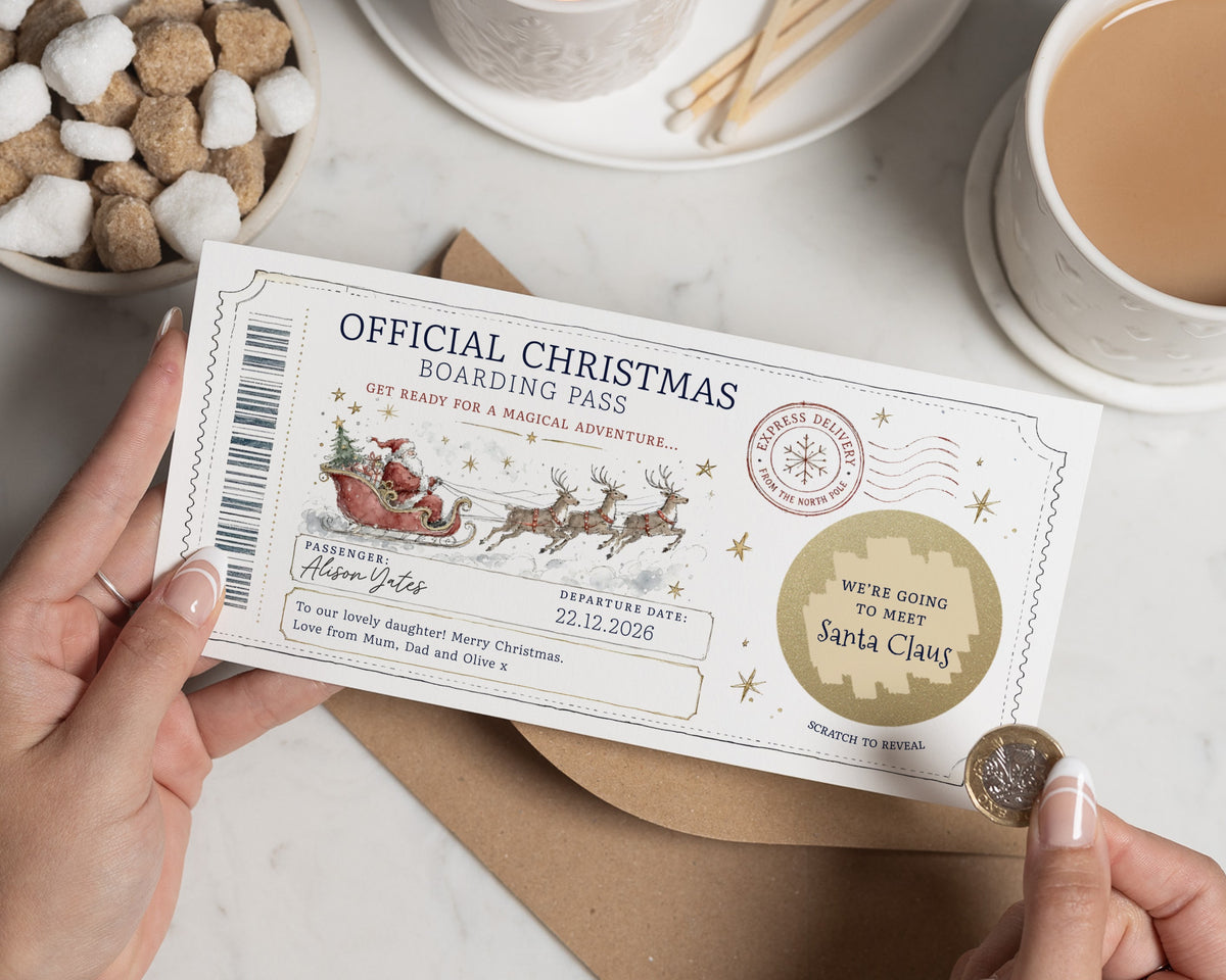Christmas Boarding Pass Ticket, Scratch to Reveal Santa Voucher, Personalised Christmas Gift Voucher, Christmas Surprise for Kids