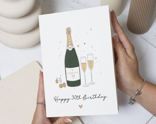 Personalised 30th Birthday Card, Birthday Card for Her, Champagne Birthday Card, Custom 30th Birthday Cards, Milestone Birthday Card