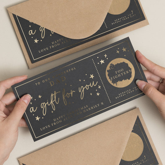 Christmas Scratch To Reveal Card For Dad, Gig Ticket Gold Foil Gift Voucher, Dad Christmas Gift, Gift for Dad Xmas, Unique Gift Card For Dad