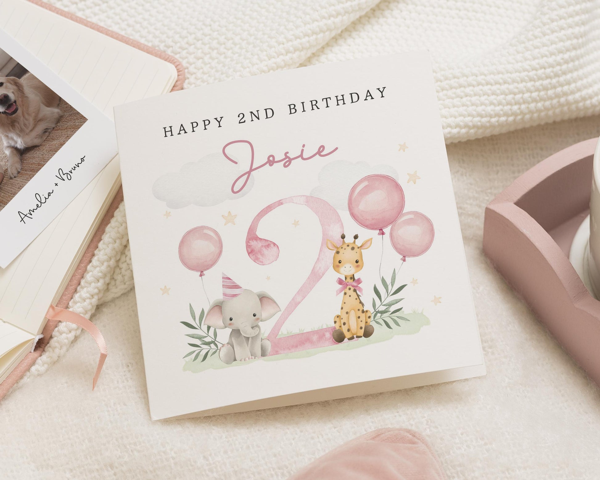 2nd Birthday Card for Girl, Personalised Birthday Card, Birthday Card for Daughter, Cute Animal Birthday Card, Pink Birthday Card