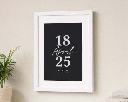 Personalised Wedding Date Print, Black Wall Art, Custom Couple Print, Anniversary Gift, Wedding Gift, White Framed Print