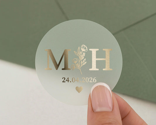 Personalised Wedding Sticker, Gold Foil Initials Sticker, Custom Date Sticker, Wedding Envelope Seal, Floral Monogram Sticker