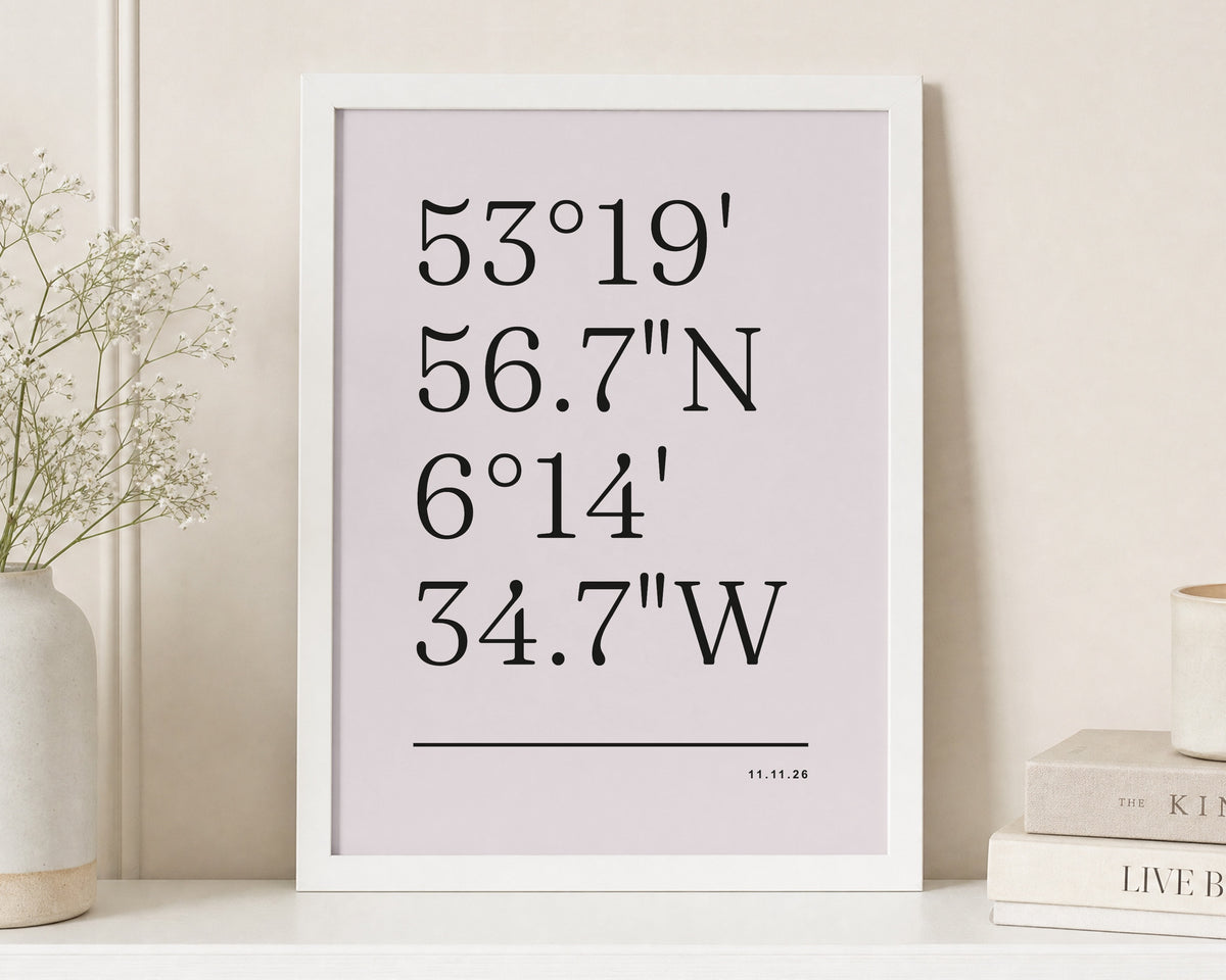 Personalised Coordinates Print, Pale Pink Wall Art, Custom Location Print, Wedding Gift for Couple, Anniversary Gift, Portrait Print