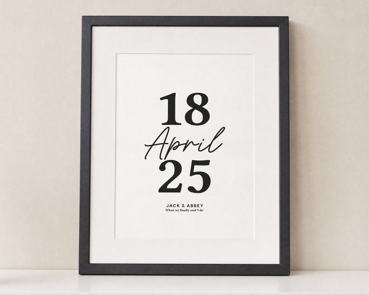 Personalised Wedding Date Print, Black and White Wall Art, Wedding Gift, Anniversary Gift, Gift for Couple, Minimalist Framed Print