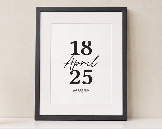 Personalised Wedding Date Print, Black and White Wall Art, Wedding Gift, Anniversary Gift, Gift for Couple, Minimalist Framed Print