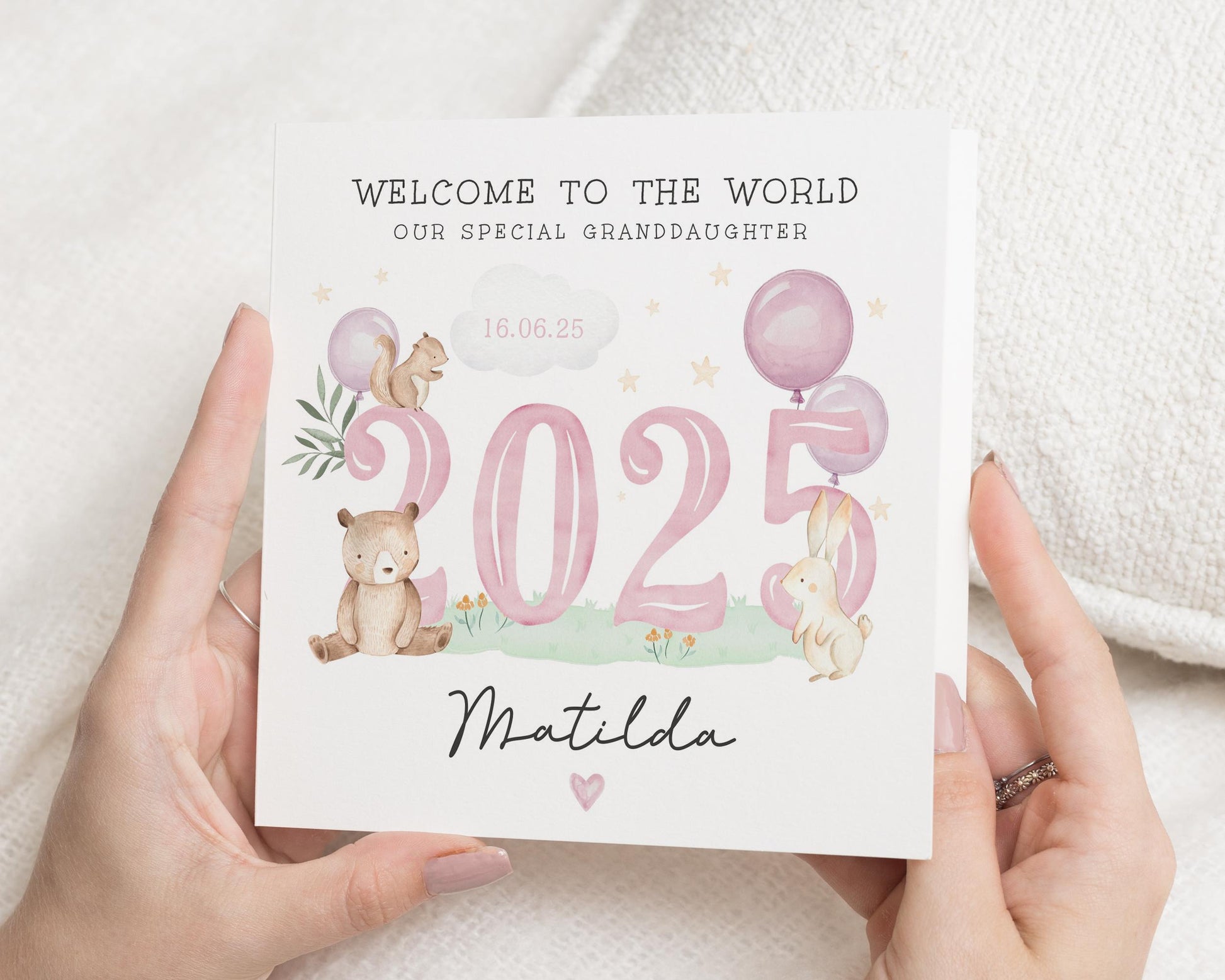 New Baby Card for Granddaughter, Personalised Baby Girl Card, Welcome to the World Card, 2025 Baby Card, Animal Card