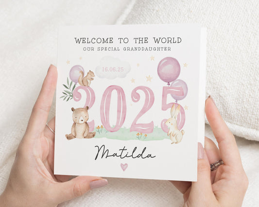 New Baby Card for Granddaughter, Personalised Baby Girl Card, Welcome to the World Card, 2025 Baby Card, Animal Card