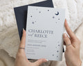Powder Blue Celestial Wedding Invitations with Navy Envelopes, Moon and Star Wedding Invites, Elegant Typography, Personalised Invitations