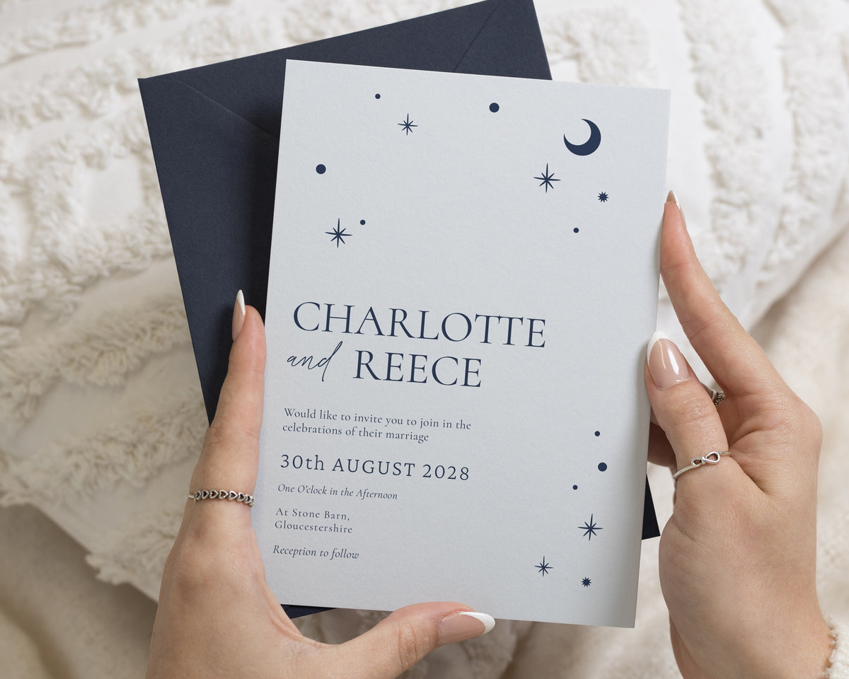 Powder Blue Celestial Wedding Invitations with Navy Envelopes, Moon and Star Wedding Invites, Elegant Typography, Personalised Invitations