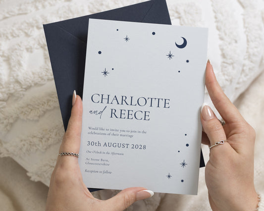 Powder Blue Celestial Wedding Invitations with Navy Envelopes, Moon and Star Wedding Invites, Elegant Typography, Personalised Invitations