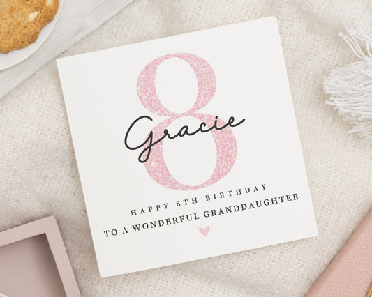 8th Birthday Card for Granddaughter, Personalised Birthday Card for Girl, Birthday Card for Her, Pink Glitter Birthday Card