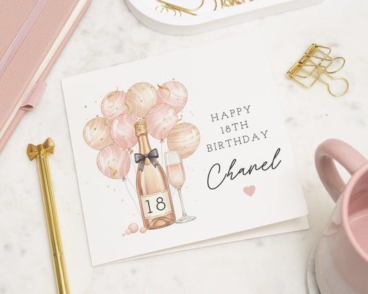 18th Birthday Card for Her, Personalised Birthday Card, Champagne Birthday Card, Birthday Card for Daughter, Friend