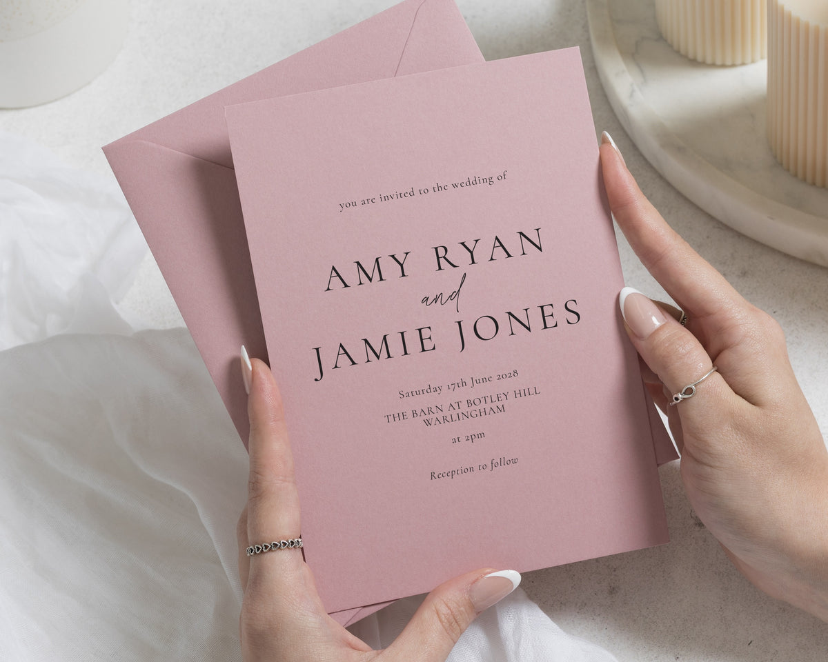 Rose Pink Wedding Invitations, Minimalist Wedding Invites, Elegant Typography, Personalised Wedding Invitations, Romantic Wedding Stationery