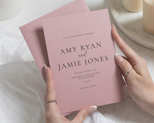 Rose Pink Wedding Invitations, Minimalist Wedding Invites, Elegant Typography, Personalised Wedding Invitations, Romantic Wedding Stationery