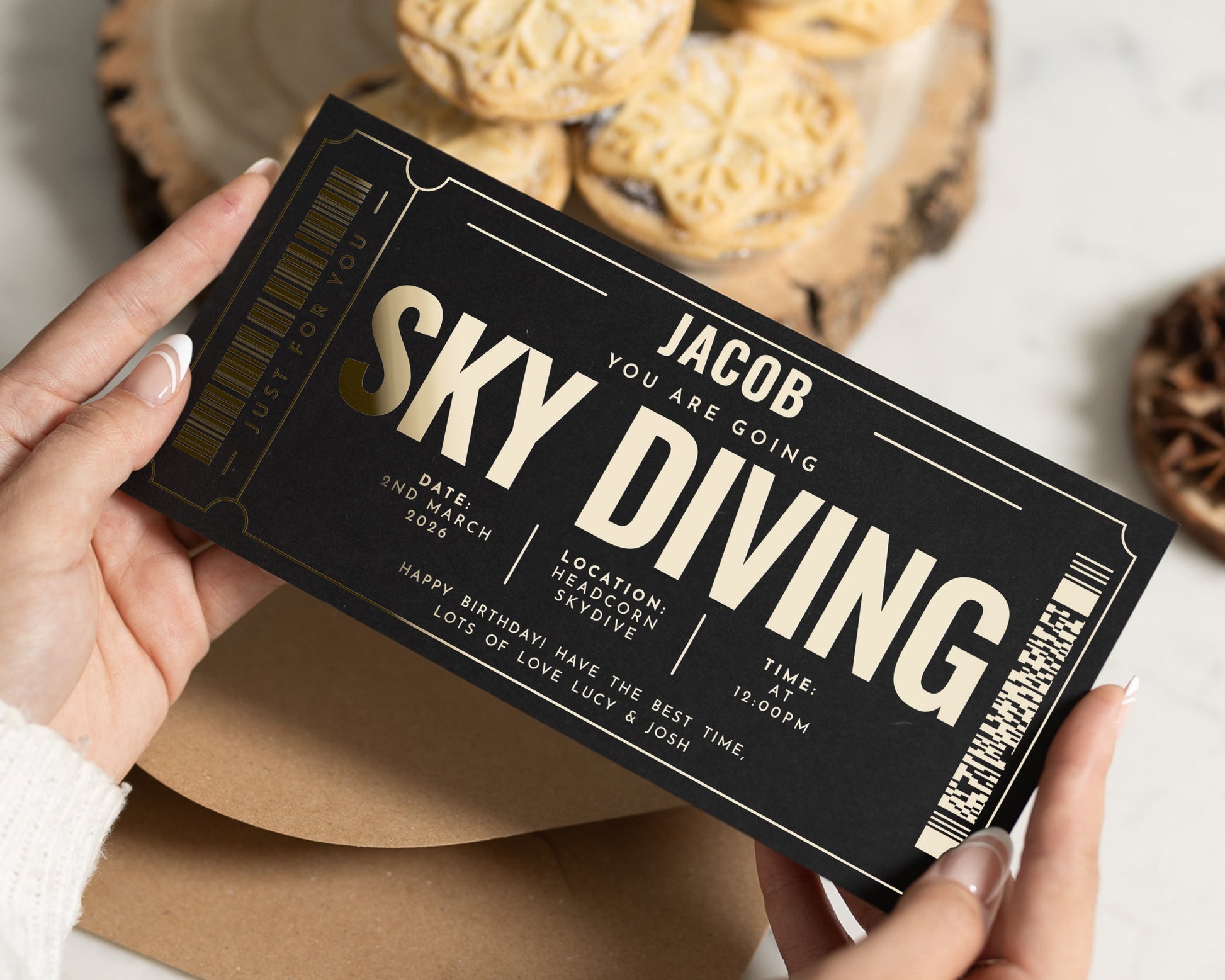 Personalised Skydiving Gift Voucher, Birthday Experience Ticket, Gold Foil Gift, Custom Adventure Gift For Him Or Her