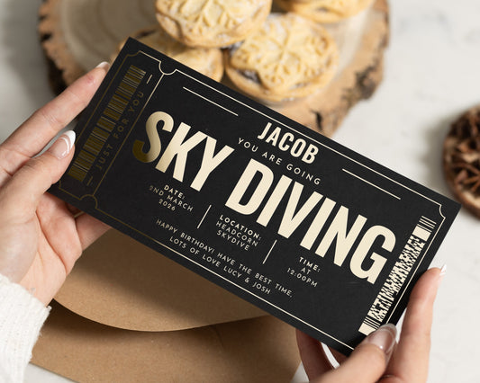 Personalised Skydiving Gift Voucher, Birthday Experience Ticket, Gold Foil Gift, Custom Adventure Gift For Him Or Her