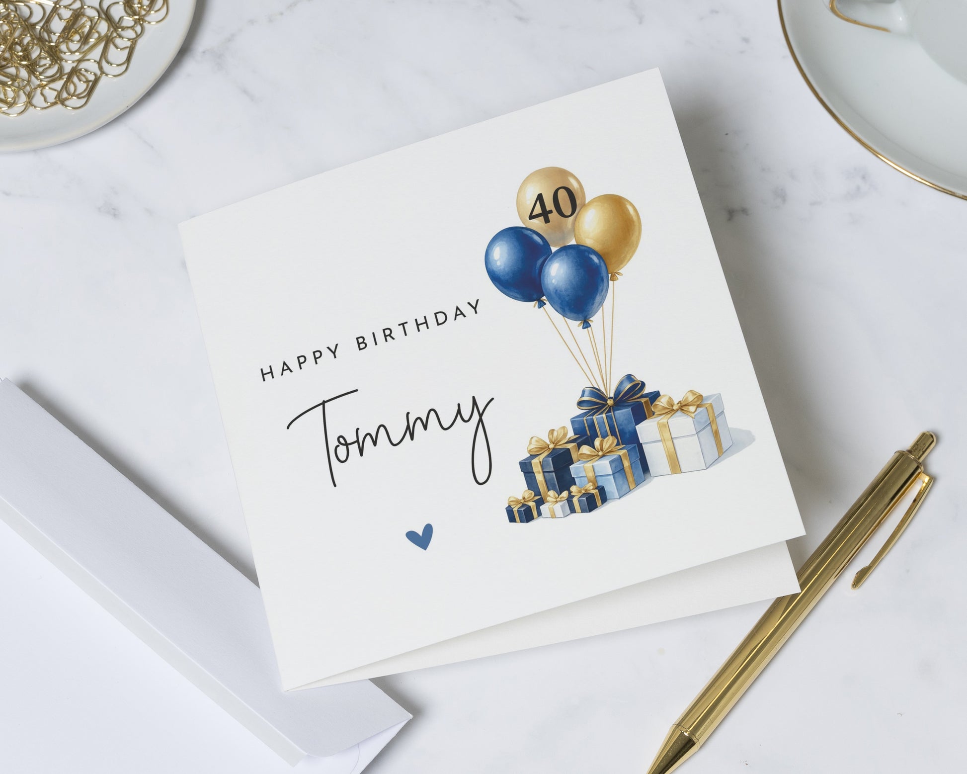40th Birthday Card for Him, Personalised Birthday Card, Birthday Card for Husband, Son, Dad, Friend, Custom Name Card, Blue Gold Balloons